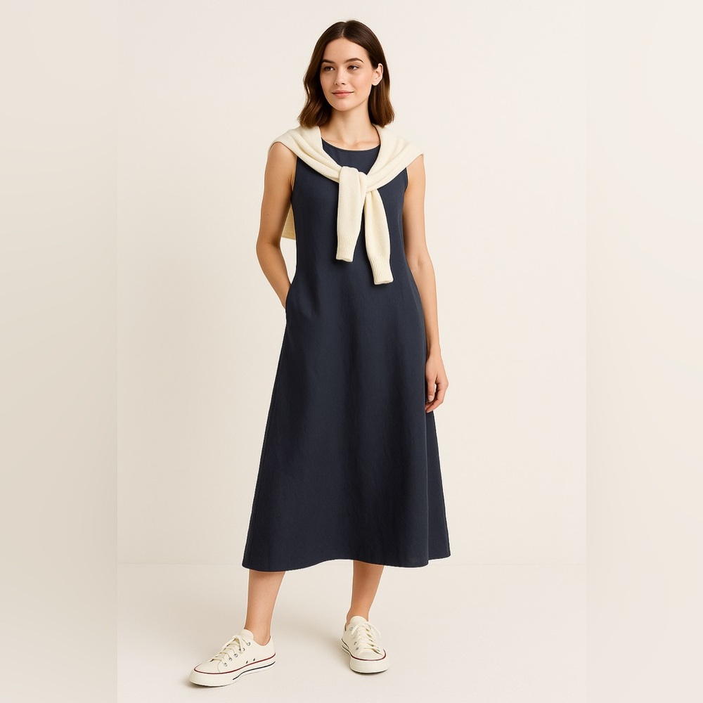 Talbots Navy Sleeveless A-Line Maxi Dress with Cream Sweater Detail